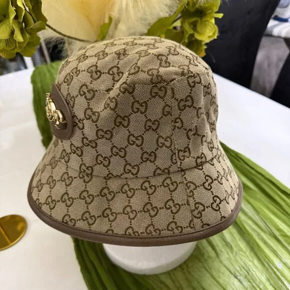 Gucci GG Supreme Monogram Bucket Hat Horsebit Gold Logo Beige Brown Italy - Picture 4 of 6